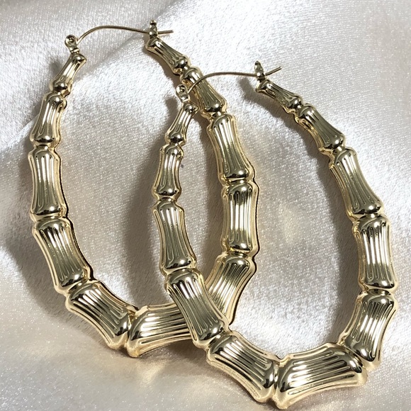 14k Gold Filled Bamboo Oval Hoop Earrings - Picture 4 of 9